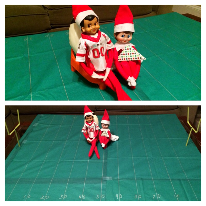 Night Ten: Sneaky and Mayonnaise set up a replica football field for playing paper football on.